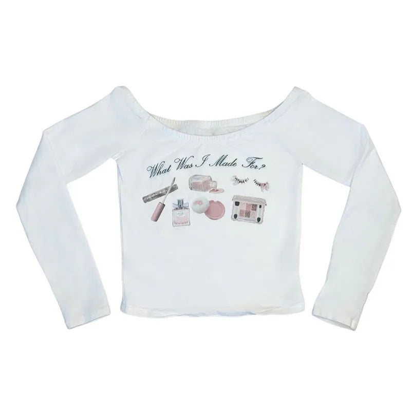 Girly Girl Print One Shoulder Long Sleeve Crop Top