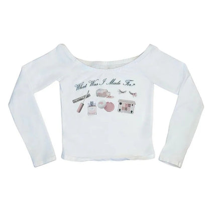 Girly Girl Print One Shoulder Long Sleeve Crop Top