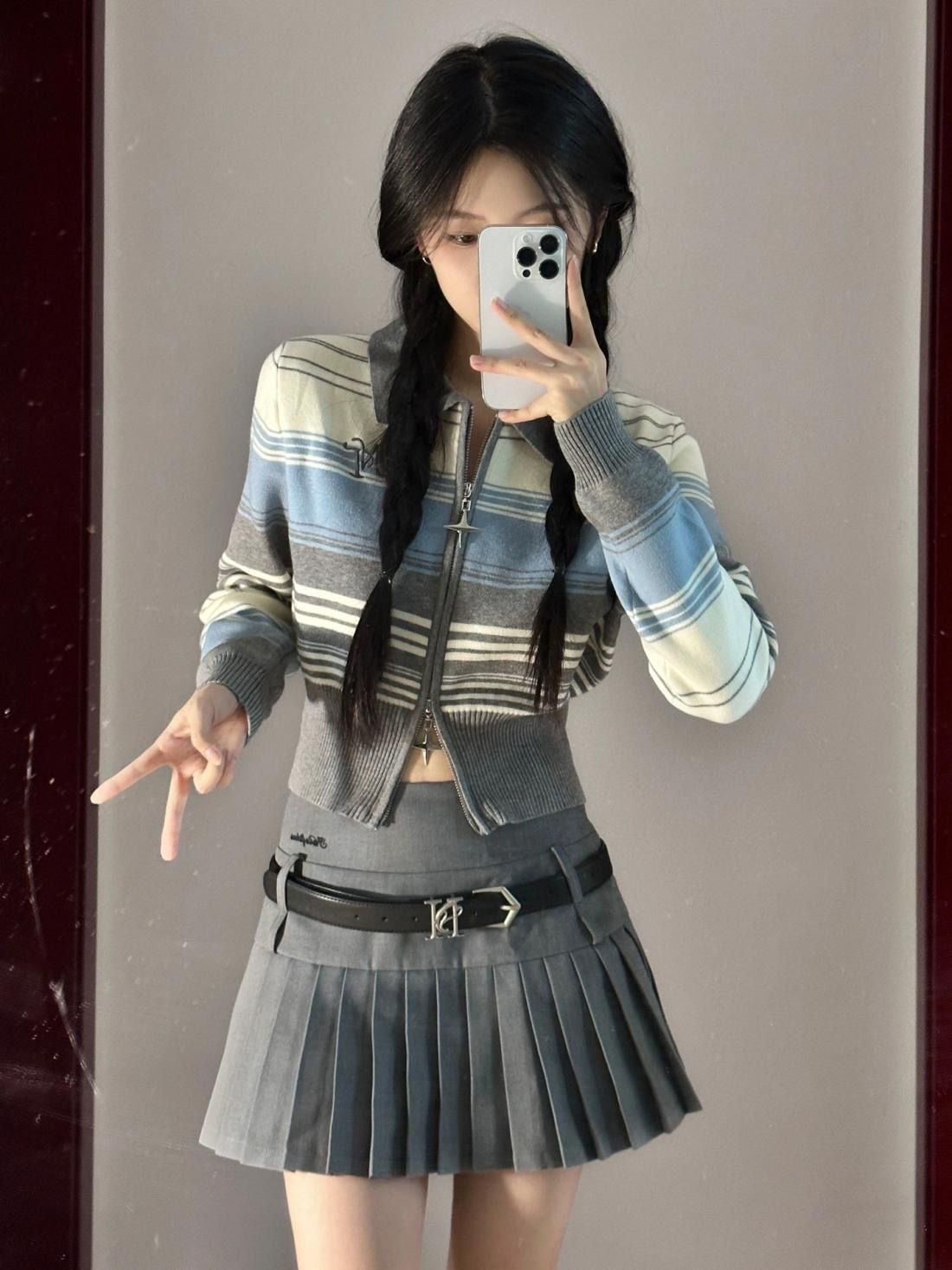 Striped Zipper Knit Cropped Jumper