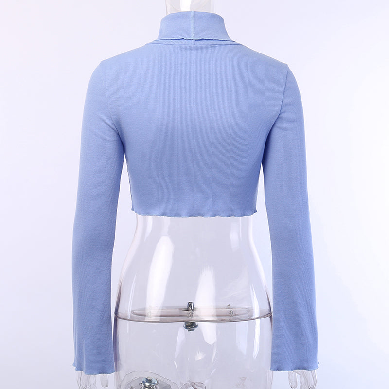 Cute Sexy Blue Cut Out Flare High Neck Knit Long Sleeve Shirt Tee T-shirt E-Girl Kawaii Korean Japanese Harajuku Chinese Retro Streetwear Aesthetic