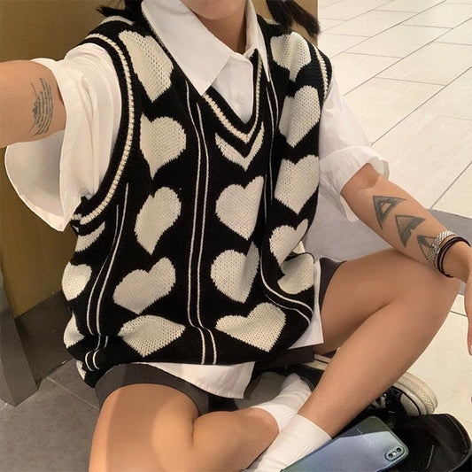 Heart Knit V Neck Loose Sweater Vest
