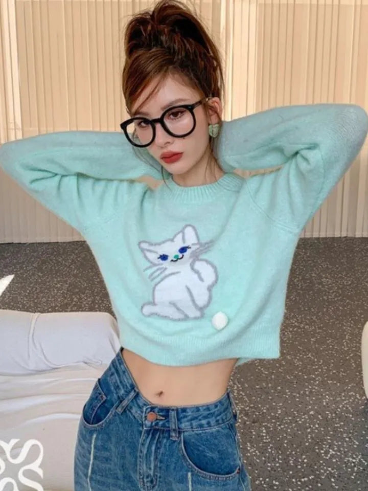 Blue Cat Print Cropped Sweater