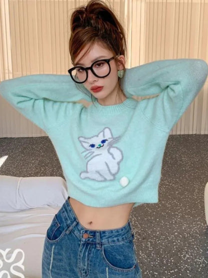Blue Cat Print Cropped Sweater