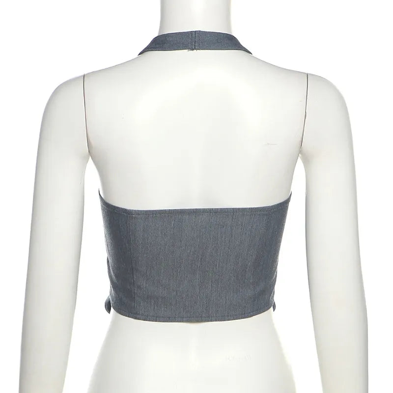 Grey Halter Button Down Vest Top