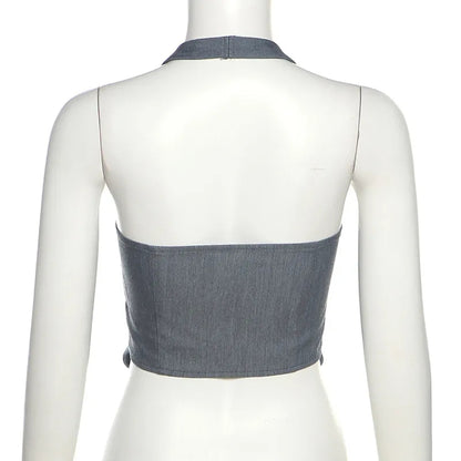 Grey Halter Button Down Vest Top