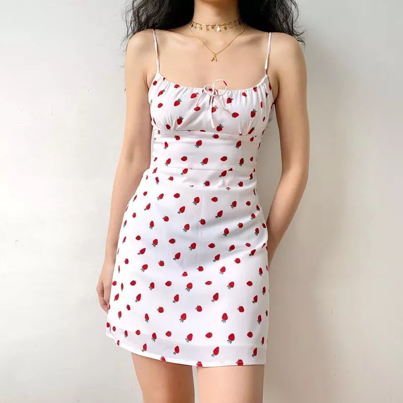 Cute White Strawberry Print Spaghetti Strap Sleeveless Mini Dress Beach Party Summer Aesthetic Casual E-Girl Kawaii Korean Japanese Harajuku