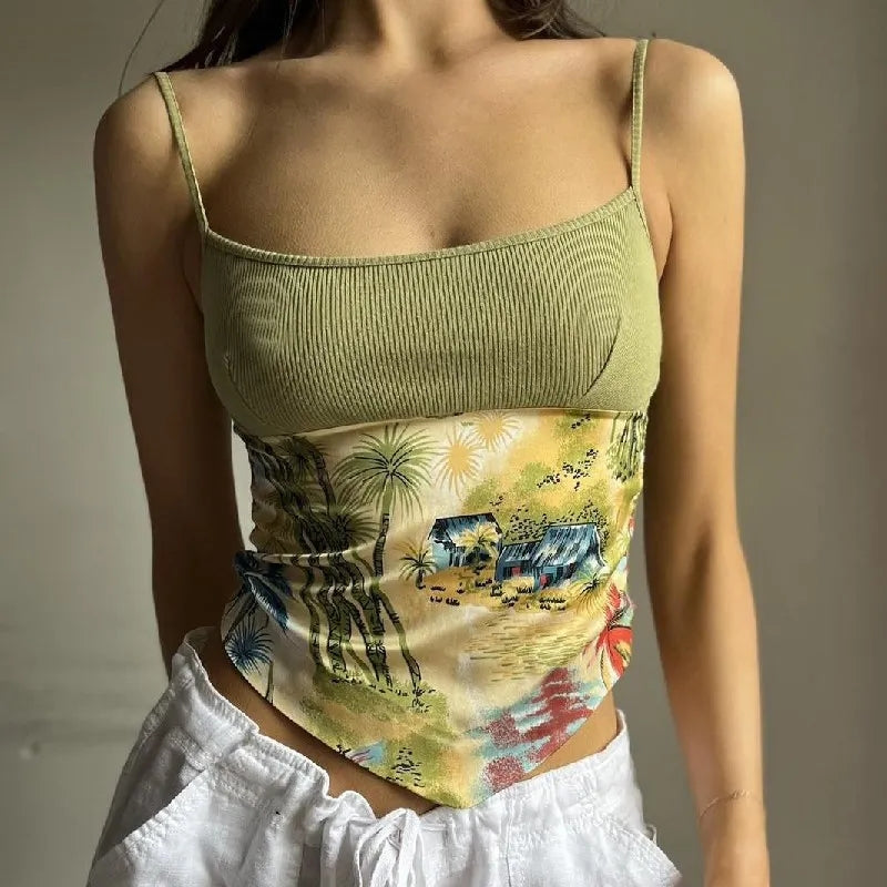 Green Vacation Print Patchwork Tank Top