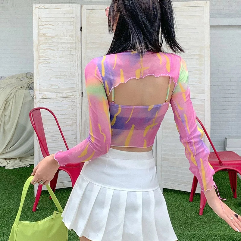 Cute Sexy 2PCS Colorful Hollow Out Long Sleeve Shirt Punk Summer Aesthetic Casual E-Girl Kawaii Korean Japanese Harajuku