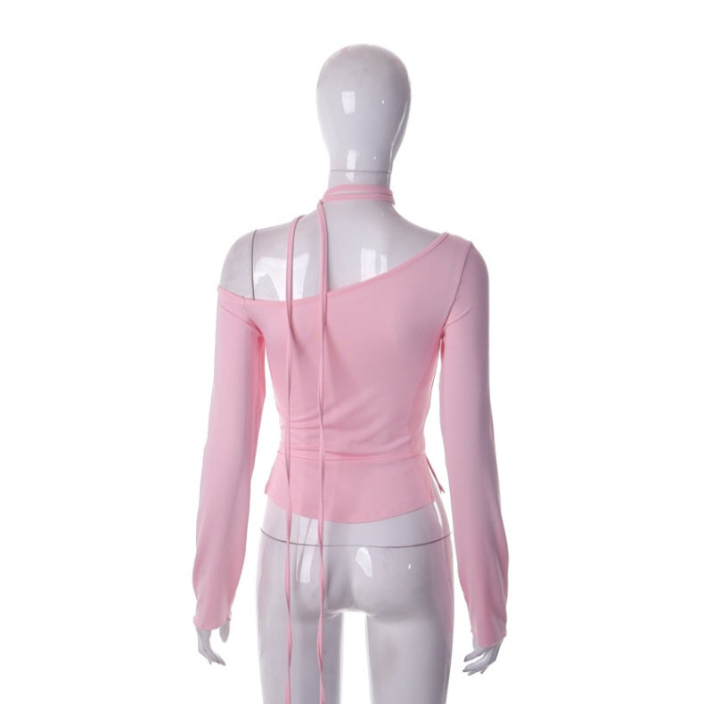 Pink Off Shoulder Long Sleeve Crop Top