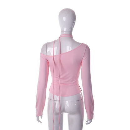Pink Off Shoulder Long Sleeve Crop Top