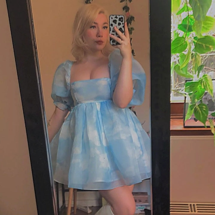 Cute Sexy Blue Cloud Sky Princess Square Neck Puff Sleeve Mini Party Dress Summer Aesthetic E-Girl Kawaii Korean Japanese Harajuku