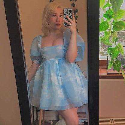 Cute Sexy Blue Cloud Sky Princess Square Neck Puff Sleeve Mini Party Dress Summer Aesthetic E-Girl Kawaii Korean Japanese Harajuku