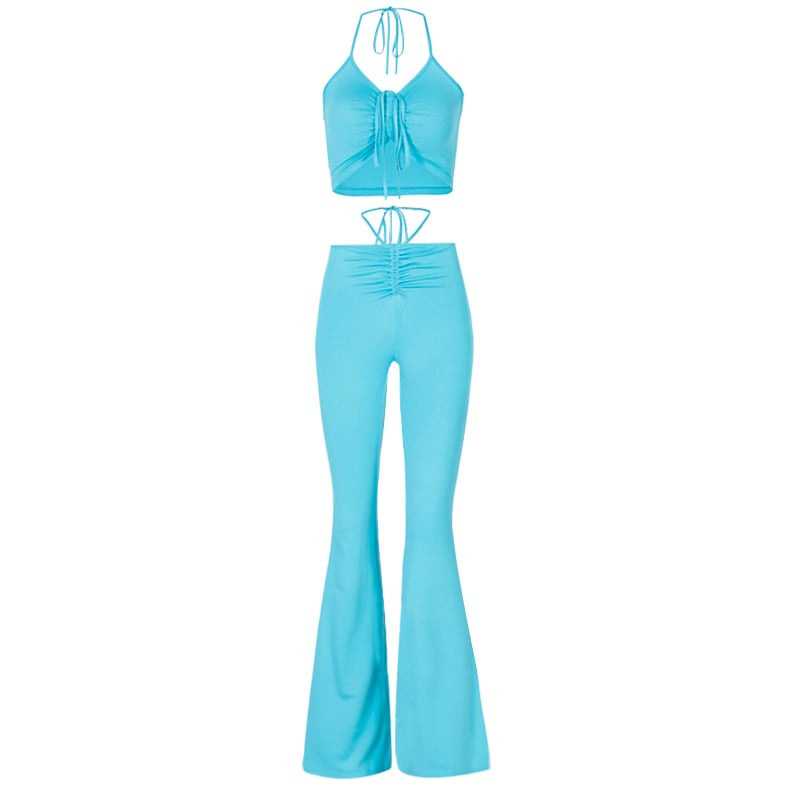 2PCS Blue Bandage Drawstring Halter Top + Flare Pants