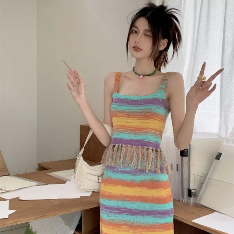 Rainbow Stripe Tassel Tank Top + Maxi Skirt