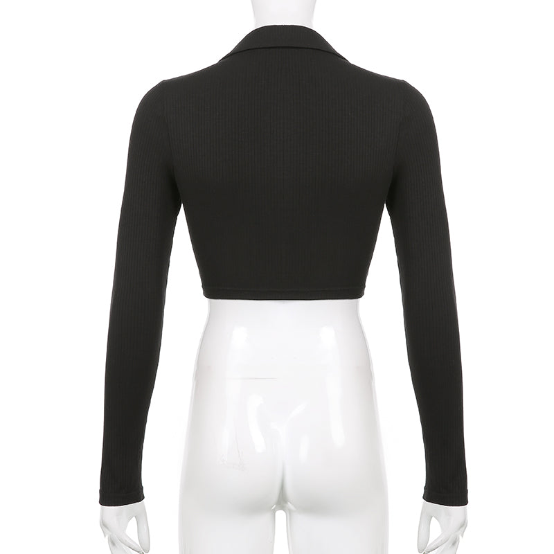Black Knit V Neck Long Sleeve Crop Top