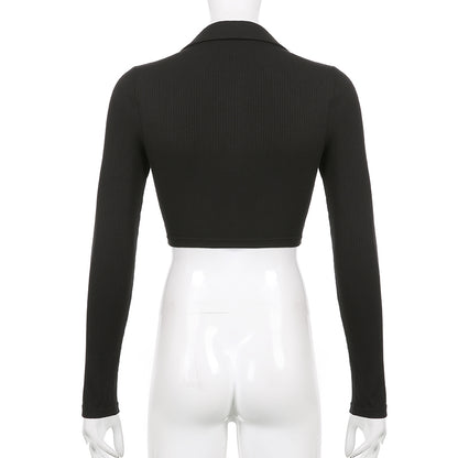 Black Knit V Neck Long Sleeve Crop Top
