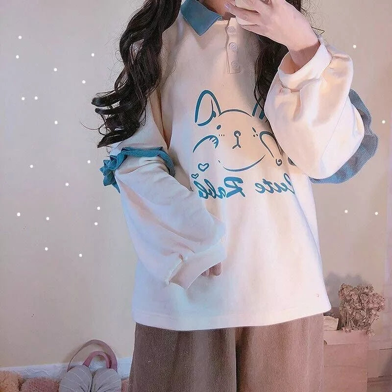 Cute Bunny Rabbit Graphic Vintage Collar Long Sleeve T- Shirt Sweatshirt Aesthetic Casual E-Girl Kawaii Korean Japanese Harajuku