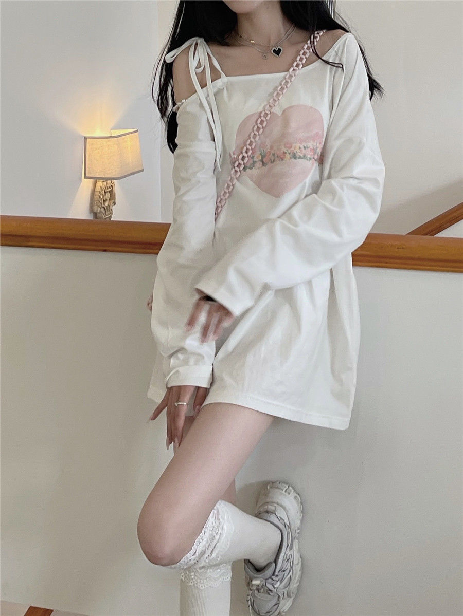 Sweet Japanese Anime Off Shoulder Lace Up Long Sleeve Shirt