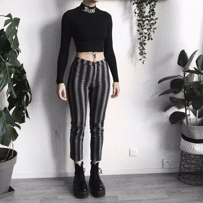 Black Rebel Letter Embroidery Turtleneck Crop Top Long Sleeve Shirt T-shirt Top Goth Punk Casual E-Girl Kawaii Korean Japanese Harajuku Streetwear