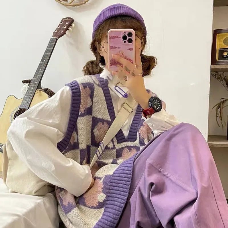 Purple Flower Knit Sweater Vest