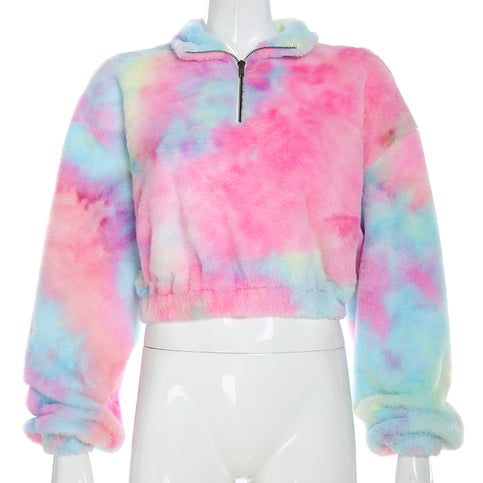 Cute Casual Rainbow Furry Tie Dye Plush Crop Long Sleeve Loose Sweatshirt Pullover E-Girl Kawaii Korean Japanese Harajuku Retro Streetwear Aesthetic