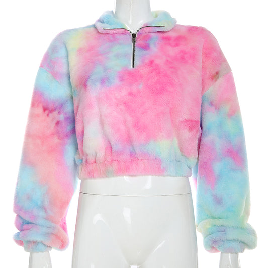 Cute Casual Rainbow Furry Tie Dye Plush Crop Long Sleeve Loose Sweatshirt Pullover E-Girl Kawaii Korean Japanese Harajuku Retro Streetwear Aesthetic