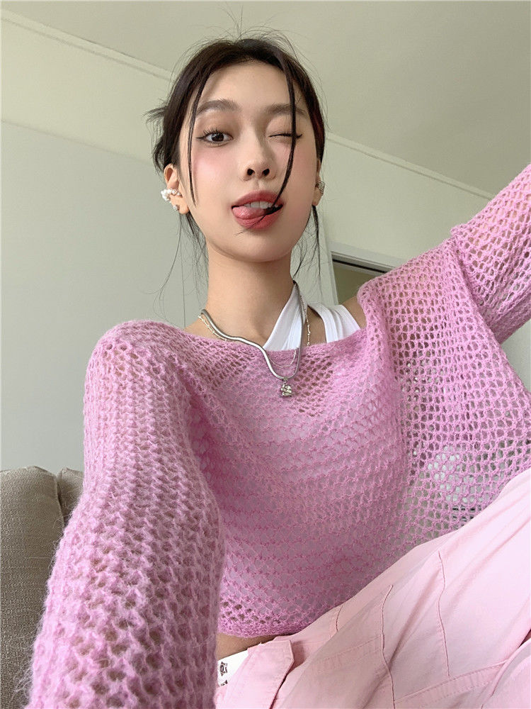 Pink Hollow Out Knit Cropped Sweater