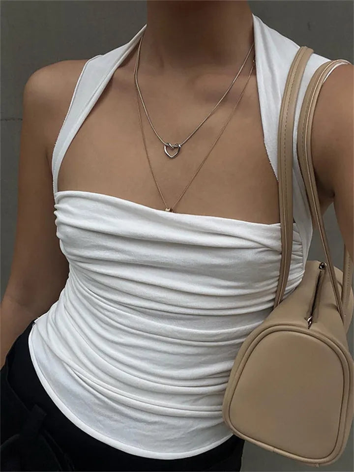 White Pleated Backless Tank Top
