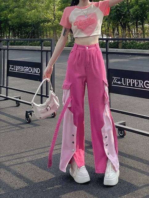 Pink Patchwork Baggy Cargo Pants