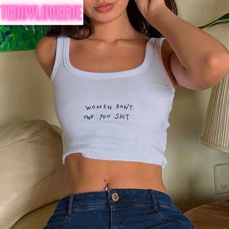 Cute Knit Indie Letter Embroidery Black White Tank Top Crop Top Sleeveless Shirt Goth Punk Casual E-Girl Kawaii Korean Japanese Harajuku Streetwear