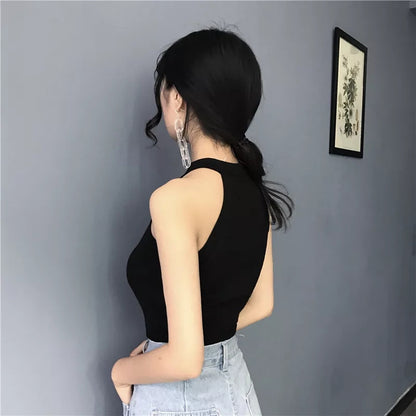 Cute Black White Sexy Knit Zipper Sleeveless Shirt Crop Top Tank Camisole Aesthetic Casual E-Girl Kawaii Korean Japanese Harajuku