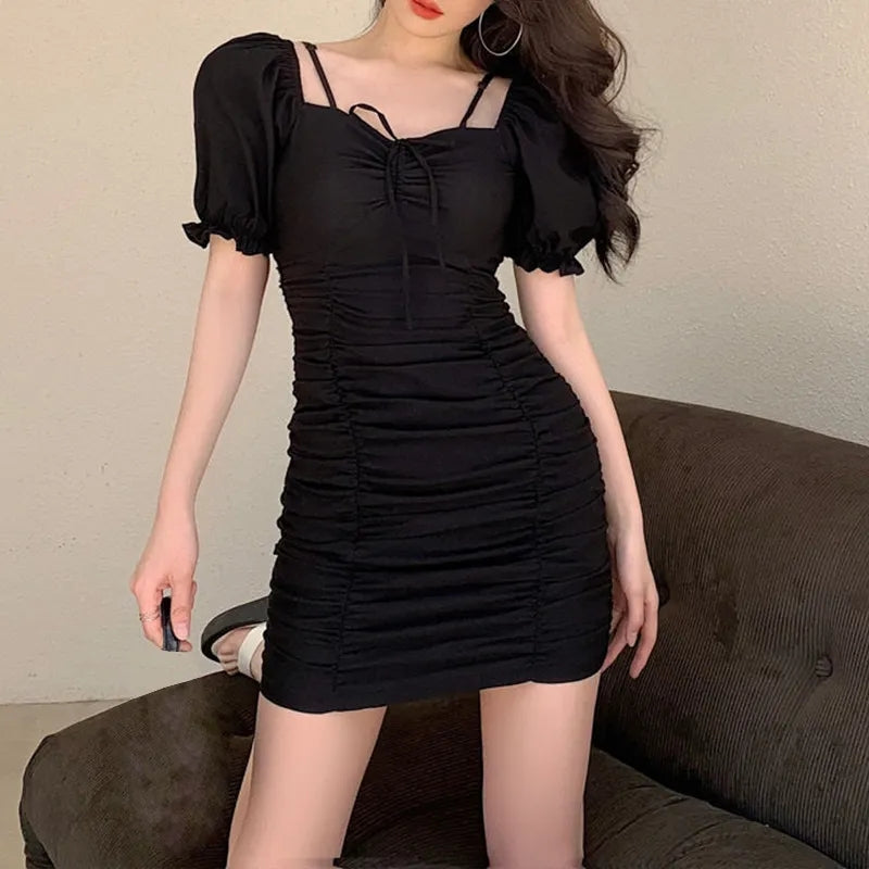 White Puff Sleeve Drawstring Ruched Mini Dress