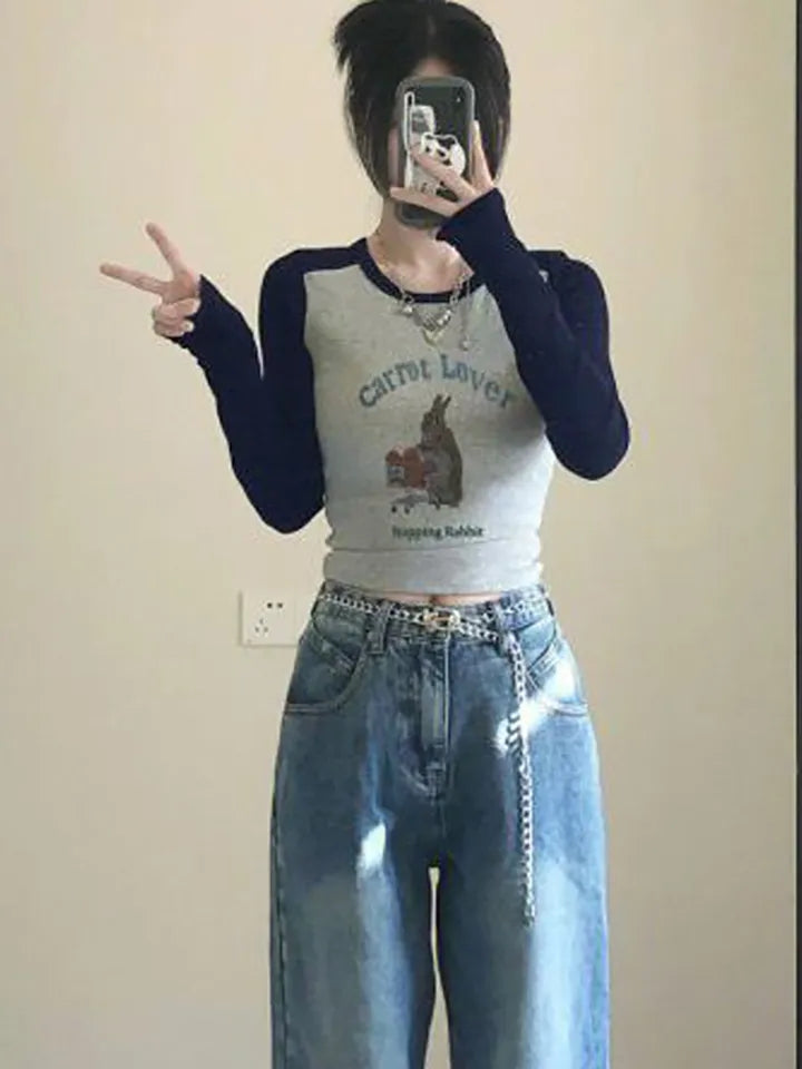 Rabbit Graphic Print Patchwork Long Sleeve Shirt