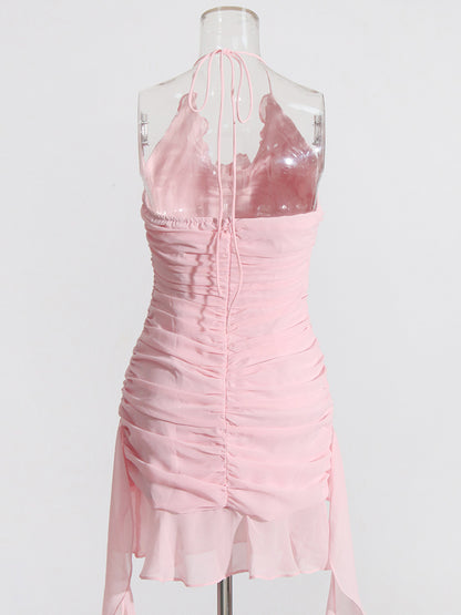 Pink Flower Halter Fold Mini Dress