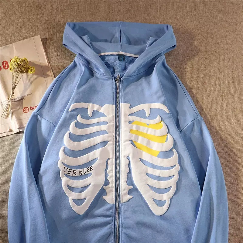 Retro Rib Skeleton Print Long Sleeve Hoodie Jacket Zipper Pullover Casual E-Girl Kawaii Korean Japanese Harajuku Streetwear