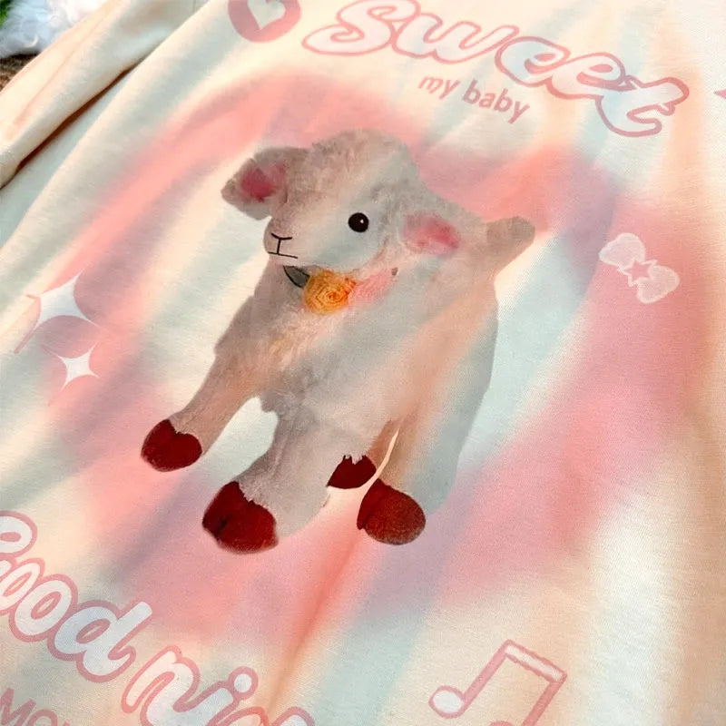 Sweet Lamb Print Short Sleeve T-shirt