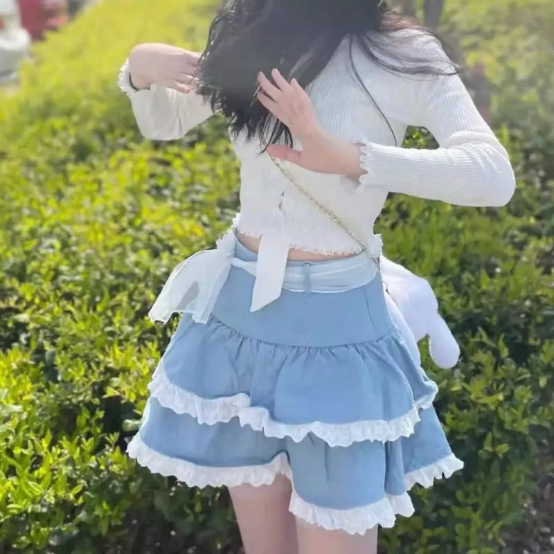 Blue Ruffle Lace Patchwork Mini Skirt