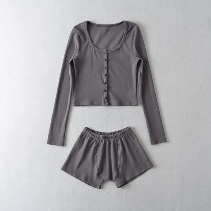 2PCS Pink Ribbed Button Long Sleeve Crop Top + Shorts