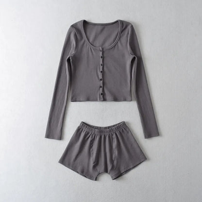 2PCS Pink Ribbed Button Long Sleeve Crop Top + Shorts