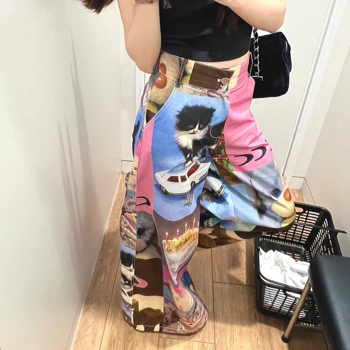 Cat Contrast Patchwork Wide Leg Trousers