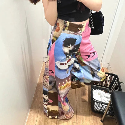 Cat Contrast Patchwork Wide Leg Trousers