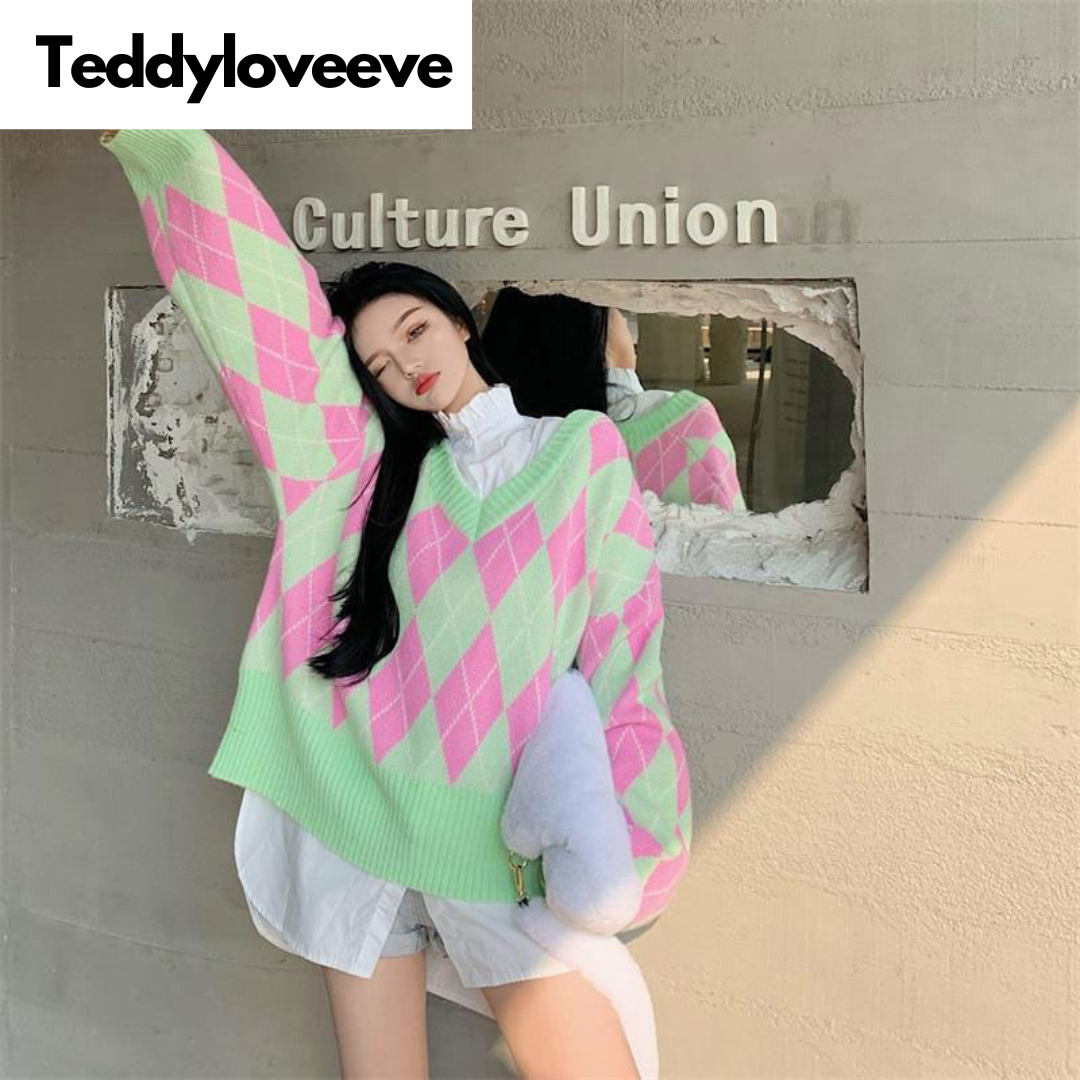 Green & Pink Lattice V Neck Sweater