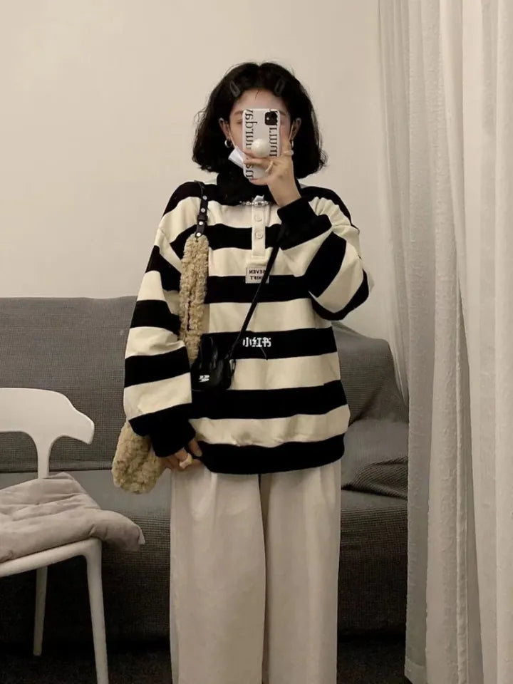 Black & White Stripe Polo Collar Sweatshirt