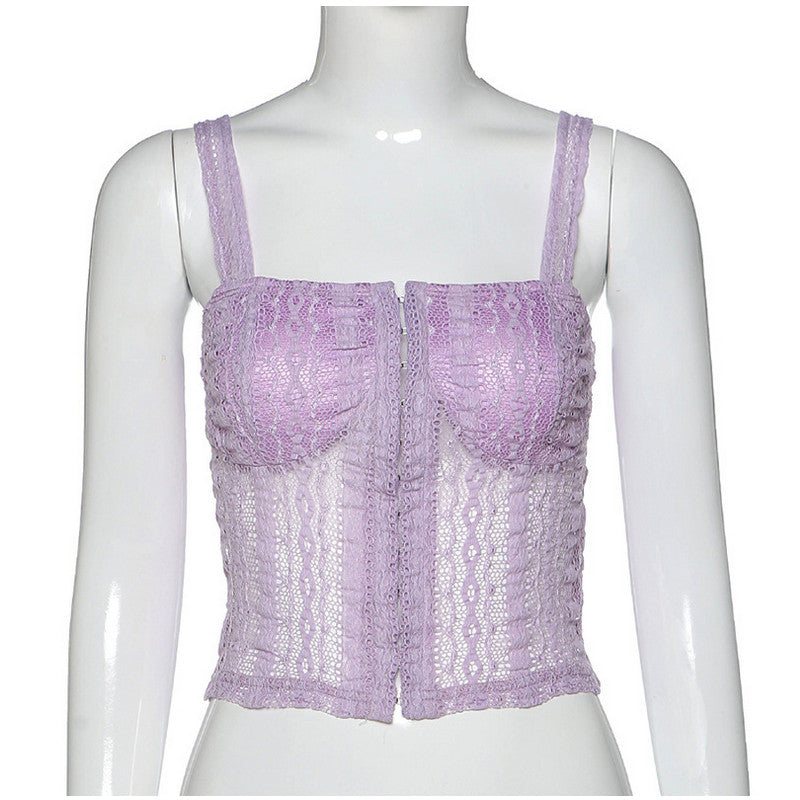 Sexy Lace Net Crop Top Tank Camisole Sleeveless Shirt Summer Causal E-Girl Kawaii Korean Japanese Harajuku Streetwear