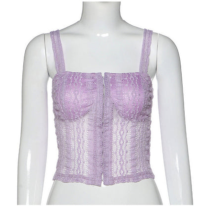 Sexy Lace Net Crop Top Tank Camisole Sleeveless Shirt Summer Causal E-Girl Kawaii Korean Japanese Harajuku Streetwear