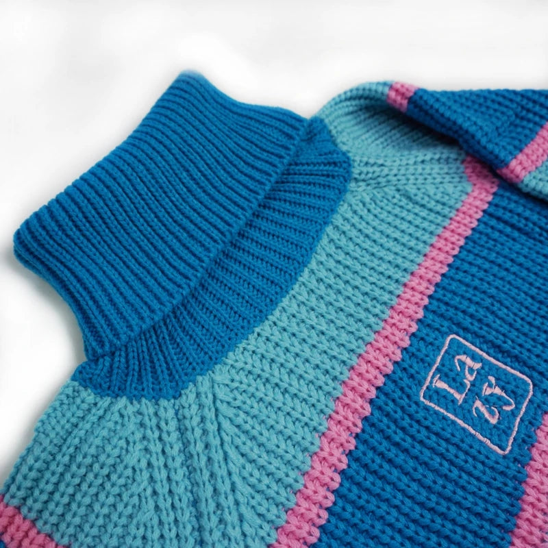 Blue Patchwork Turtleneck Sweater