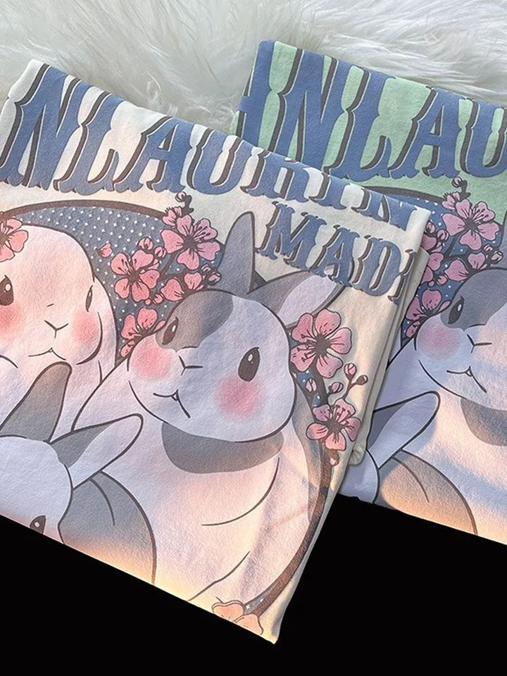Rabbit Floral Print Short Sleeve T-shirt