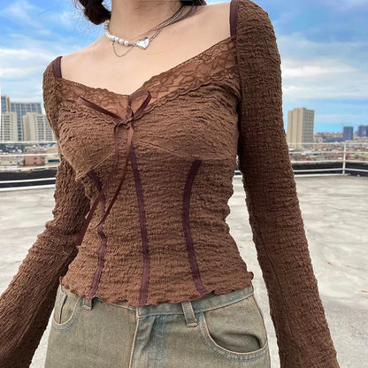 Brown Lace Trim V Neck Flare Long Sleeve Top