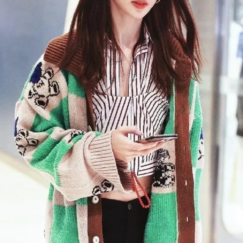Green & Brown Teddy Bear Patchwork Sweater