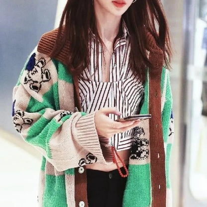 Green & Brown Teddy Bear Patchwork Sweater